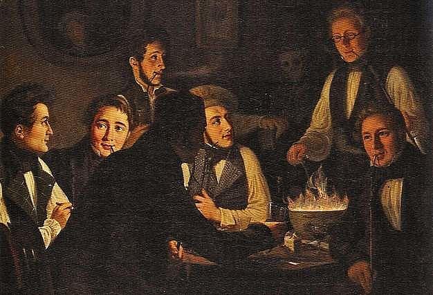 Fra venstre mod højre ses Andreas Bunzen, Carl Emil Fenger, Lorents Bramsen, J.W. Satterup, Emil Hornemann, Ole Strøm og Carl Kayser. Kopi af Wilhelm Marstrand: Et Aftenselskab (oliemaleri, 1836)