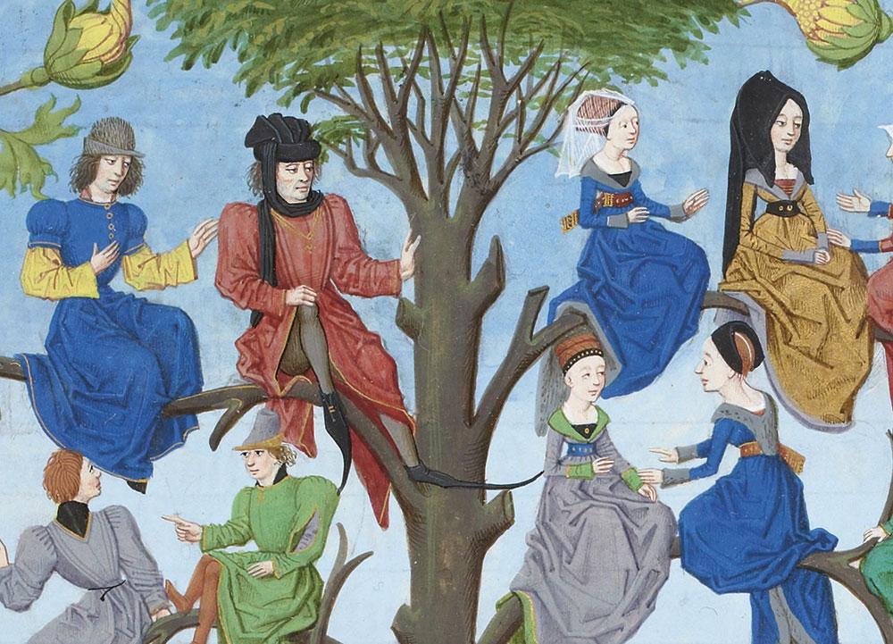 Dødsdyrkelsen i pestens skygge kaldte på en modreaktion i form af livsglæde, flerstemmig sang og musik samt spraglet tøj og snabelsko (middelalderlig illustration). 