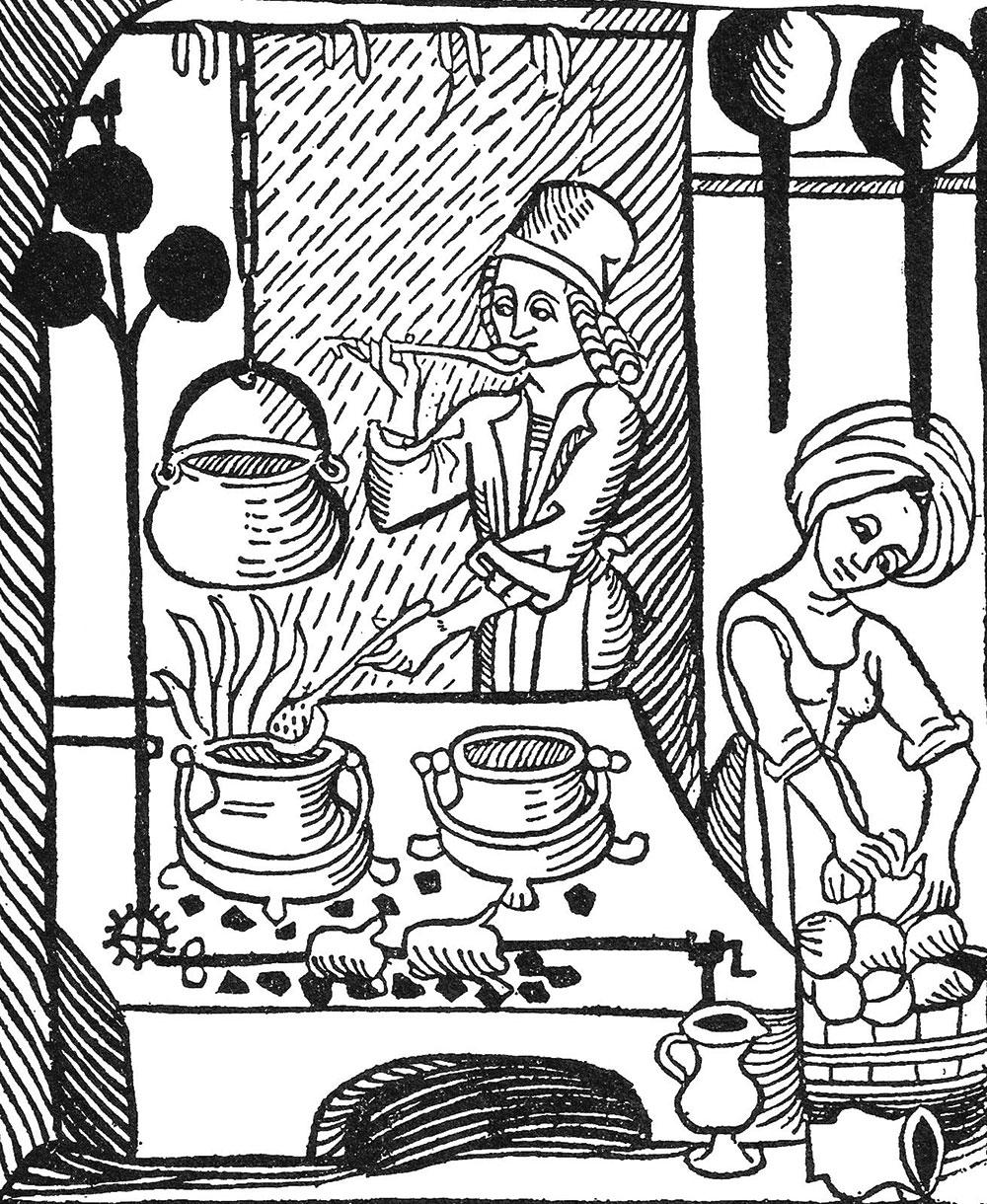 Epidemier kunne rase og præsten præke om den evige pine, der ventede. Men med renæssancen kom en modreaktion og en lyst til at fejre livet – i mode, kunst og digtning og ved bordets glæder. Sanseligheden lyser ud af billedet af kokken og kokkepigen ved arbejdet. Træsnit fra den første bogtrykte, tyske kogebog fra 1485.