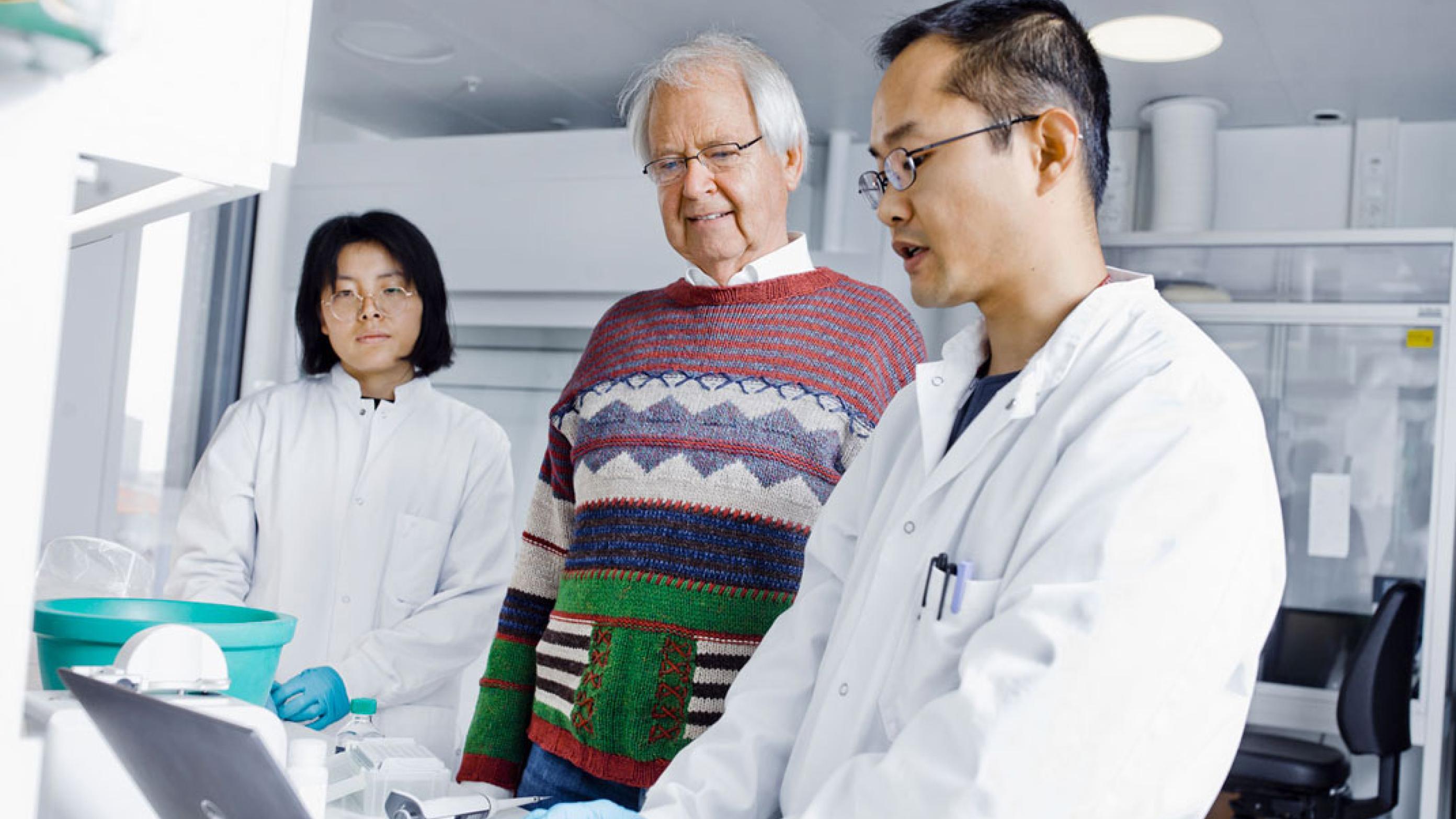 Oluf Borbye Pedersen med postdoc Yong Fan og hans hustru Liwei Lyu, ph.d.-studerende. Yong Fan forsker i to polypeptidhormoner, der dannes af nogle specifikke bakteriearter i tarmen hos raske mennesker. Foto: Claus Boesen.
