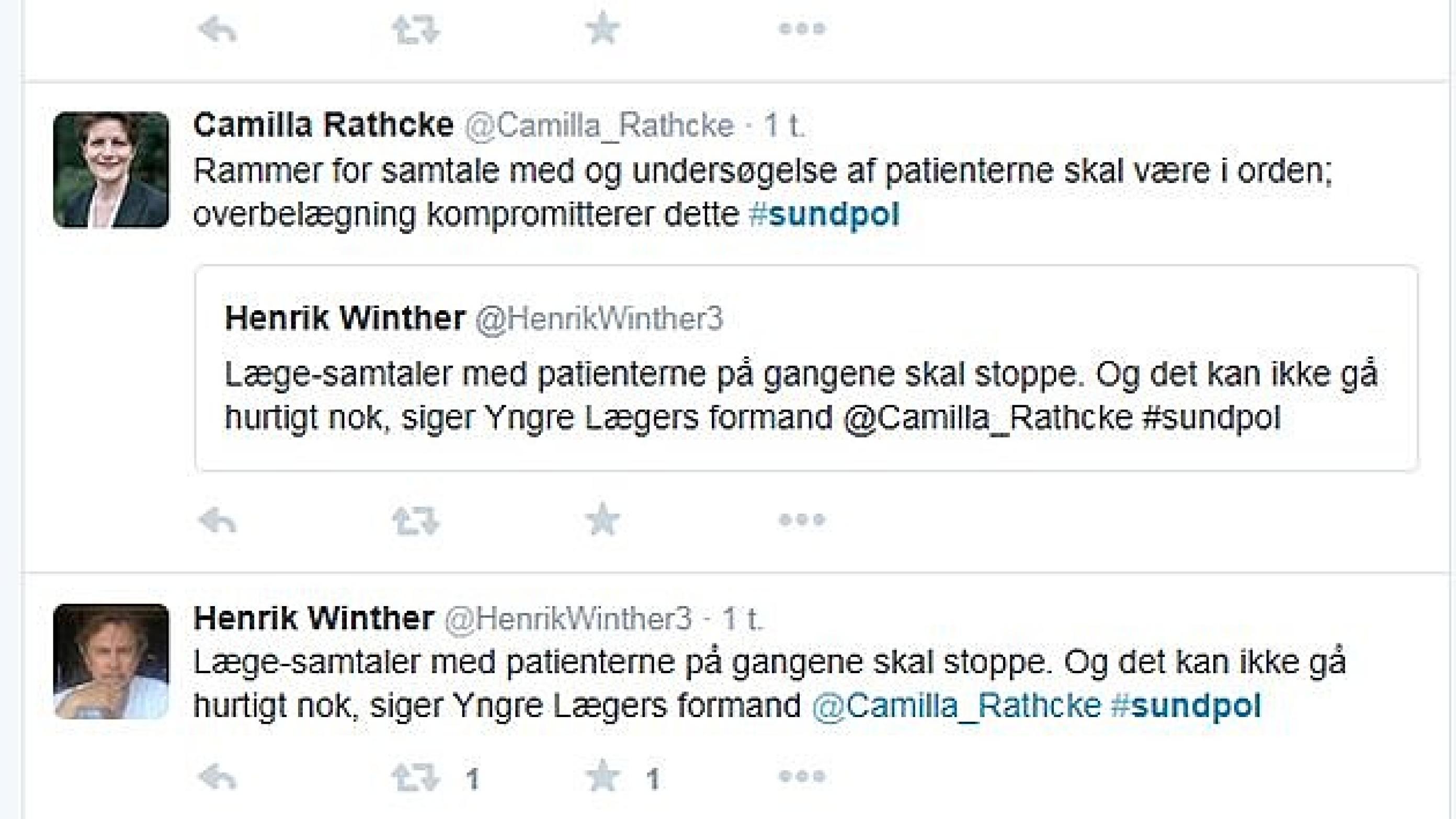 Yngre Lægers formand, Camilla Rathcke, tweeter om patientsamtaler på sygehusgangene. Hun mener, at det skal stoppe. Foto: Screenshot fra twitter.com