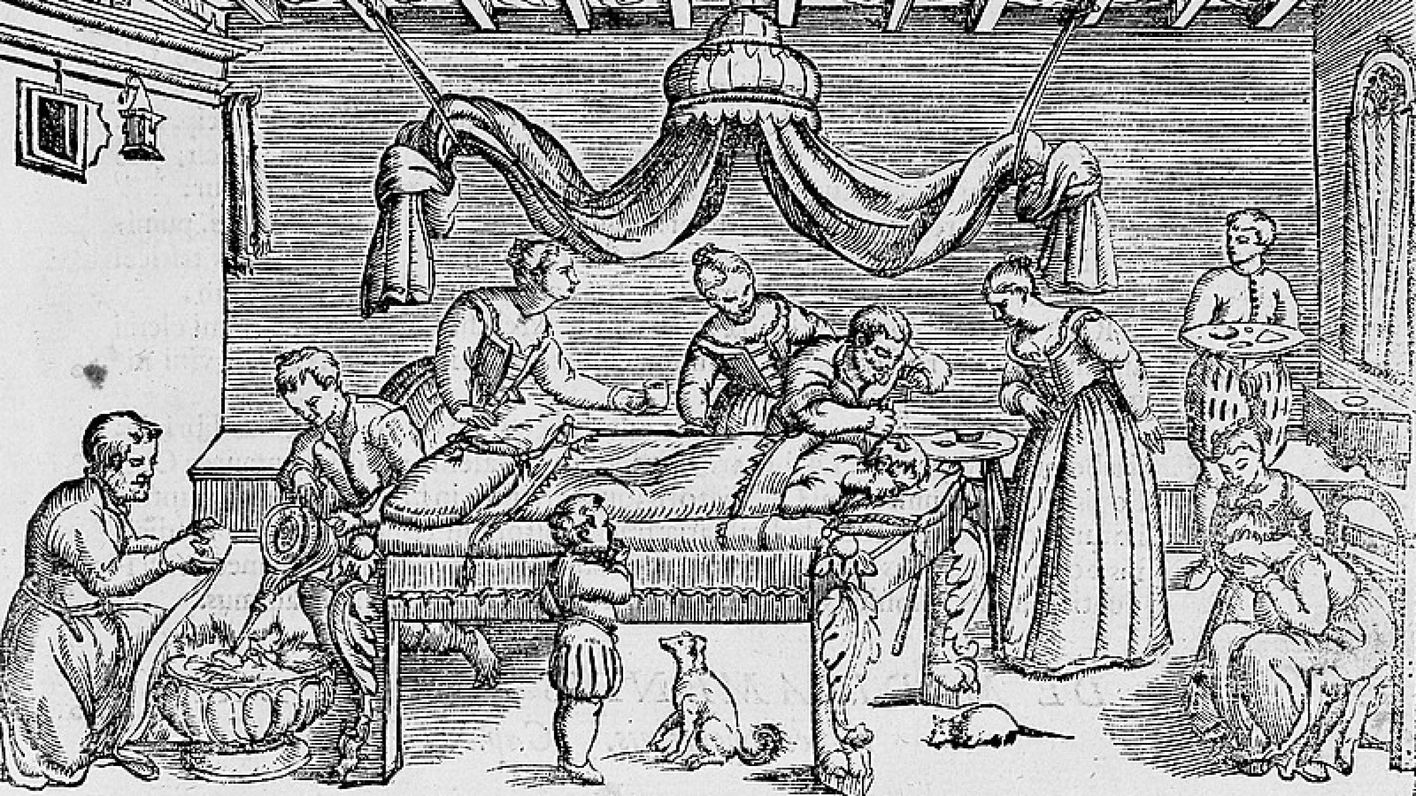 Assistenter og tilskuere er samlet om 1600-tals kirurgen, der trepanerer en patient med kraniebrud. Billede fra The Welcome Collection