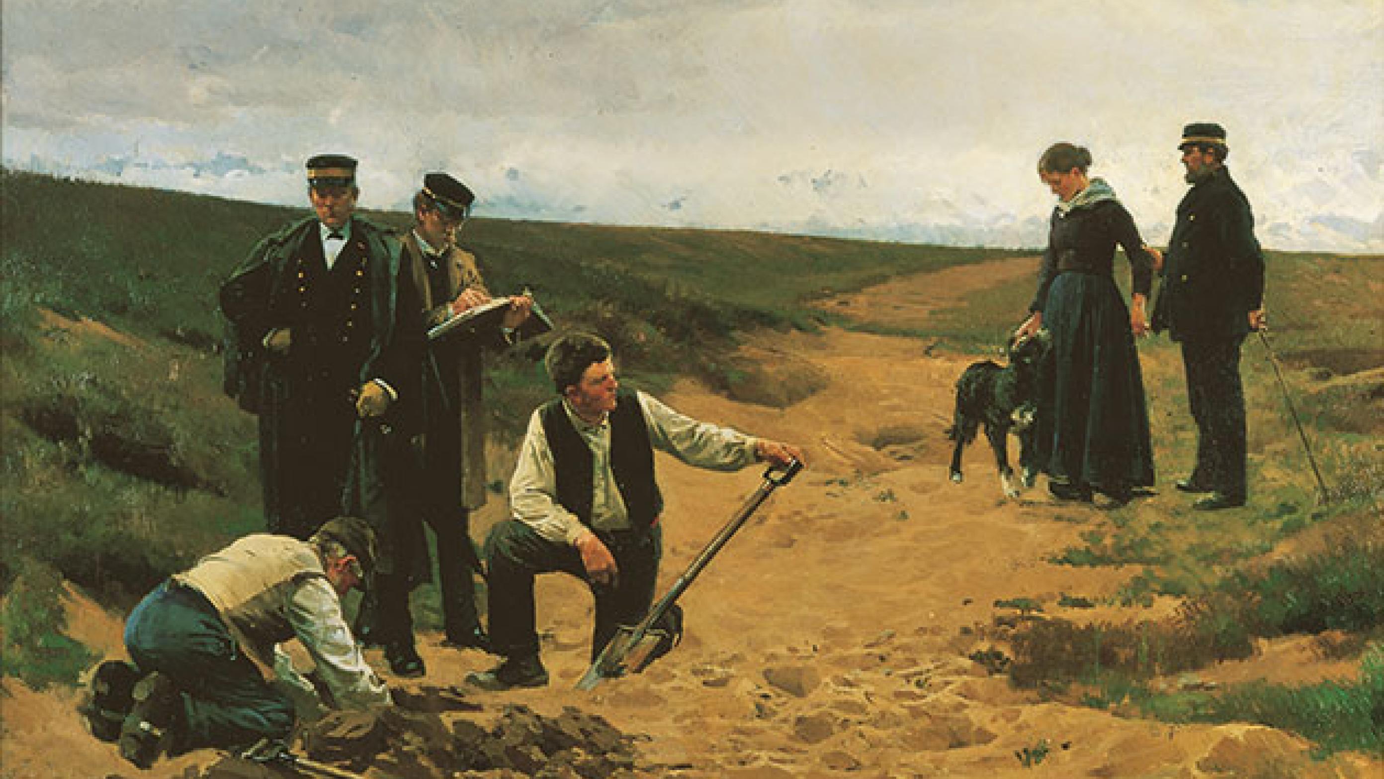 Barnemordet. Den unge kvinde har skilt sig af med et uønsket barn og må nu tage følgerne. Maleri af Erik Henningsen, 1886. (Den Hirschprungske Samling).