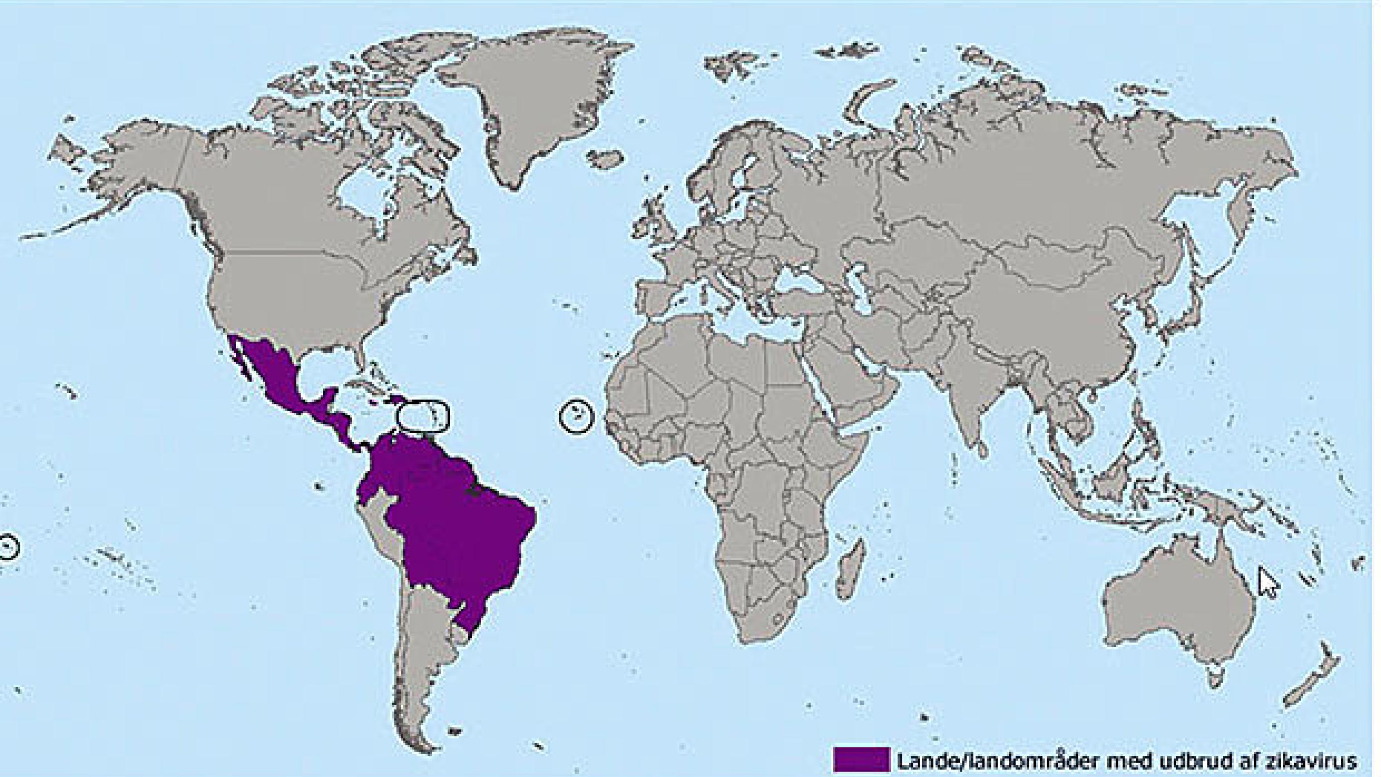Landområder med udbrud af zikavirus. (Kilde: Statens Serum Institut, www.ssi.dk/Aktuelt/Sygdomsudbrud/zikavirus.aspx og Centers for Disease Control and Prevention, www.cdc.gov/zika/geo/index.html).