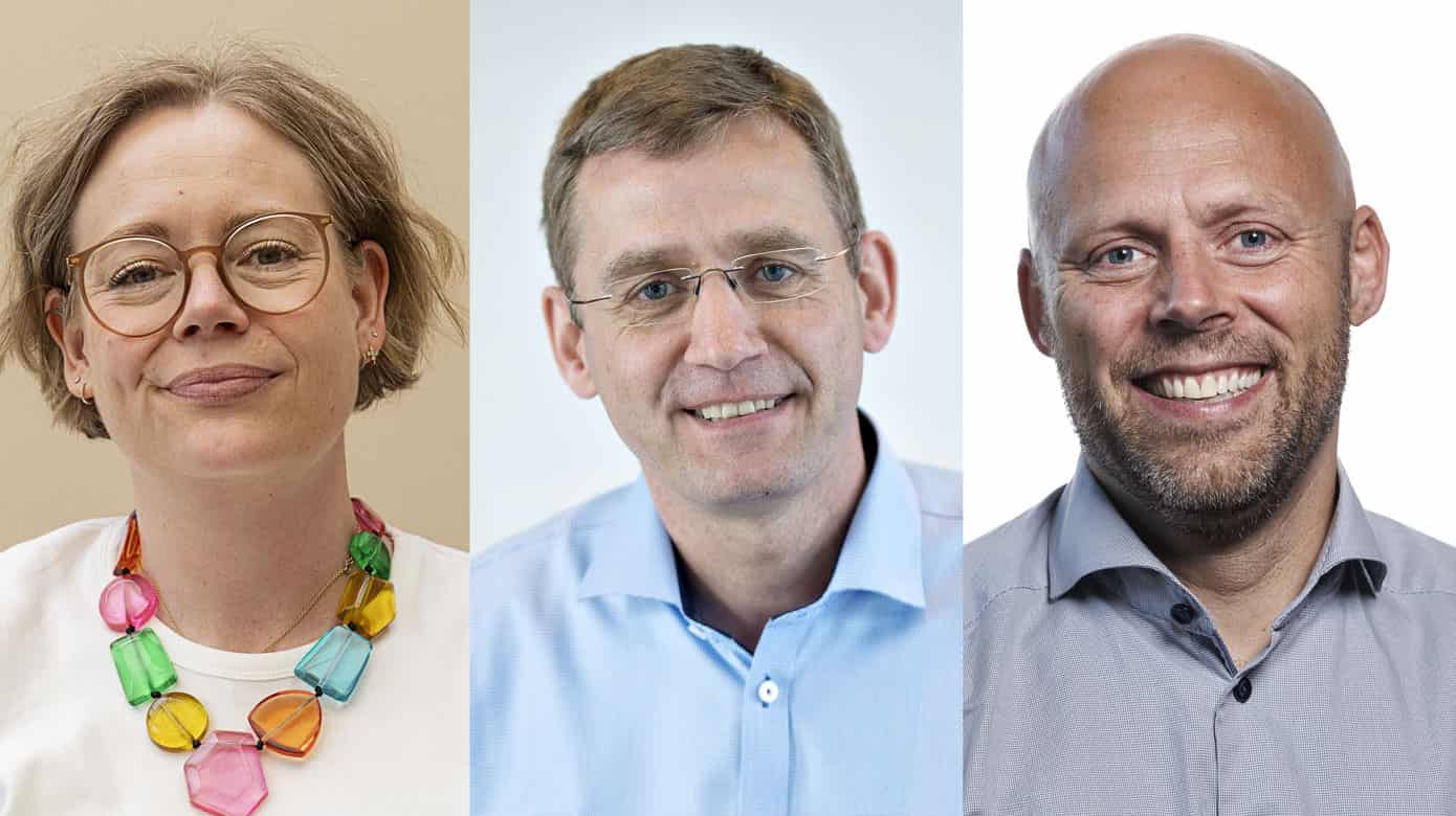 Josephine Rathenborg, formand for Lægeforeningen, Jørgen Skadborg, formand for Praktiserende Lægers Organisation, og Bjarne Hjaltalin, formand for Overlægeforeningen. (Foto: Claus Bech, Lars Horn, Jesper Voldgaard)