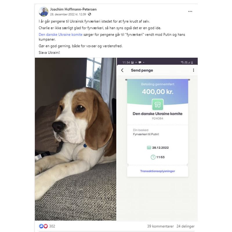 Screendump af Joachim Hoffmann-Petersens støtte til Ukraine. 