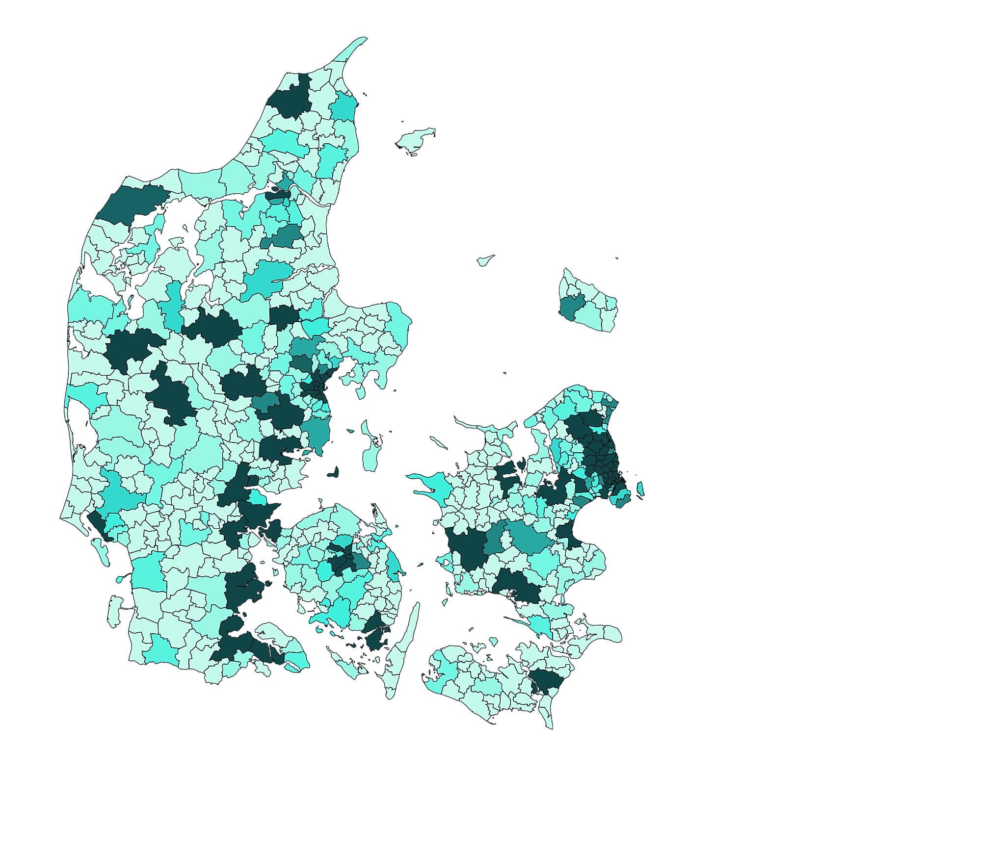 Kortet viser, hvor mange læger der bor i hvert postnummer. Jo mørkere farven er, des flere læger bor der. Nær sygehusbyerne bor særligt mange læger.