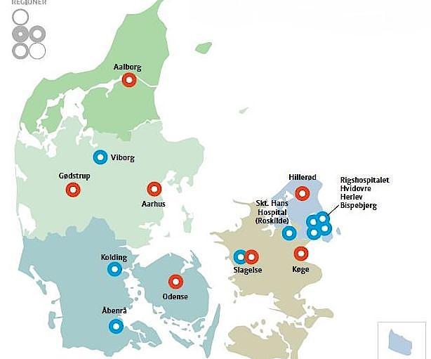 Sygehusbyggerierne. De røde er helt nye -  barmarksprojekter. De blå er ombygninger af eksisterende sygehuse.