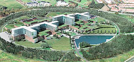 Det nye Sjællands Universitetshospital, Køge, når det vil stå færdigt i 2022. Foto: Region Sjælland.