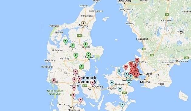 Danmarkskortet viser fordelingen af privatpraktiserende speciallæger inden for gynækologi, ifølge tal fra FAS. To praksis ligger i Region Nordjylland, 49 praksis ligger i Region Hovedstaden.