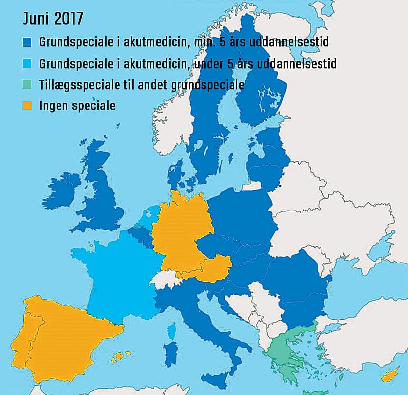 Kort over de 28 EU-lande med og uden akutspeciale som fastlagt i EU's direktiv 2005/36/EF af 7. september 2005.
Bringes efter tilladelse fra Prof. Wilhelm Behringer, Universitätsklinikum Jena