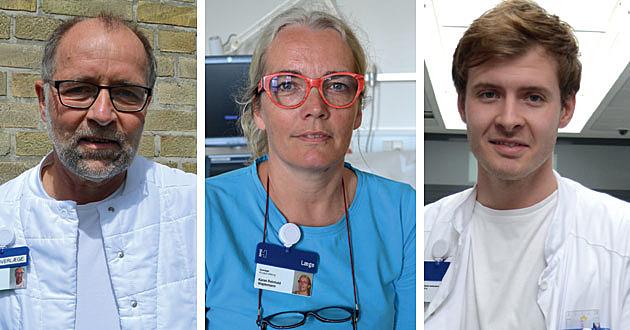 Finn Thomsen Nielsen, ledende overlæge på Medicinsk Afdeling, Karen Wøjdemann, overlæge på fødeafdelingen og Nikolai Juul, KBU-læge. Alle ansat på Bornholms Hospital. Foto: Anders Heissel