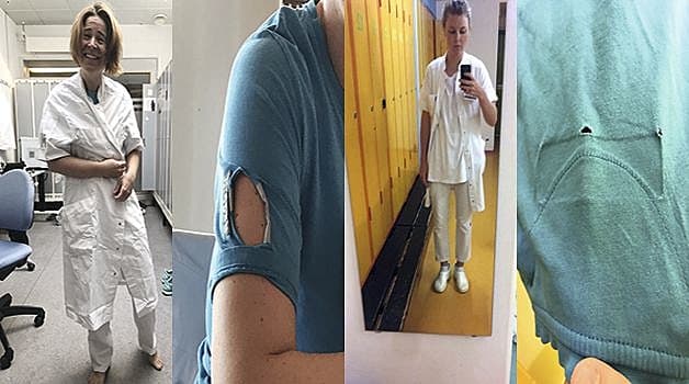 Flere læger har sendt billeder af deres for store, stumpede eller slidte lægetøj til Ugeskrift for Læger. Foto: Privat