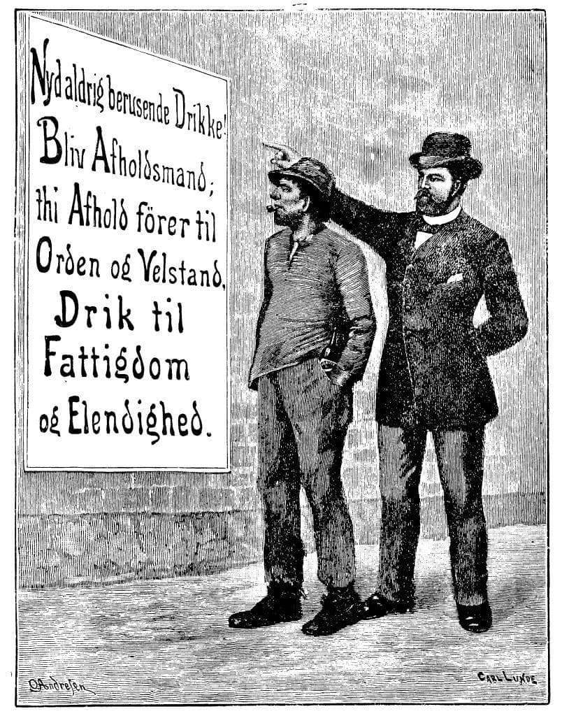 Afholdsplakat fra 1896. Brændevin var billig, og alkoholmisbruget udbredt med store sundhedsmæssigt og sociale følger. (Det Kgl. Bibliotek)