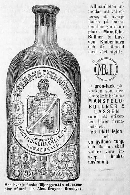 Annoncen for Brama Livs-Elixir – her i en svensk avis – lover køberne et gratis eksemplar af dr. Groyens anprisende brochure.