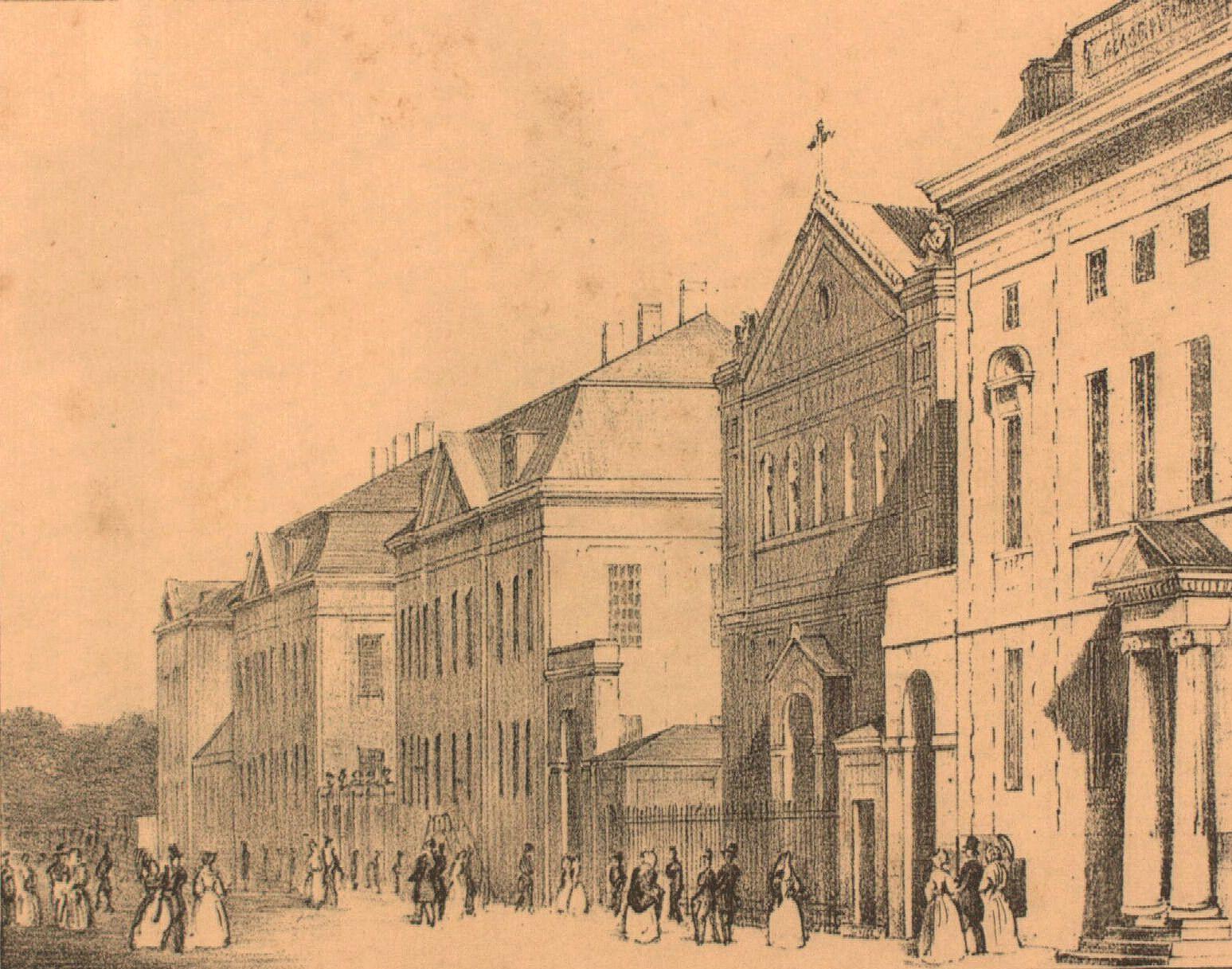 Kirurgisk Akademi (yderst th) i Bredgade ca. 1840. Længst tv. ses Frederiks Hospital.