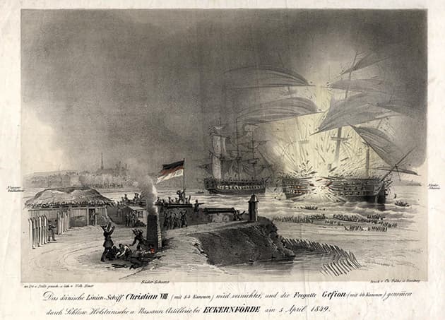 Eksplosionen, da flammerne når krudtmagasinet på linjeskibet Christian VIII i tysk gengivelse. Tysk flyveblad 1849.