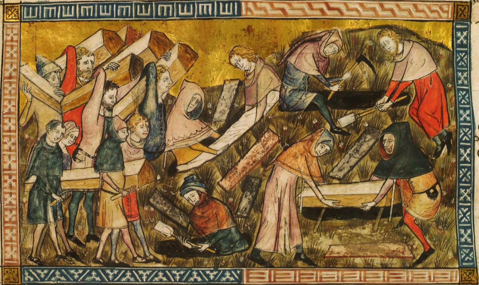 Indbyggerne i Tournai begraver ofre for den sorte død, 1350. Miniature fra samtidigt håndskrift. Wikimedia.