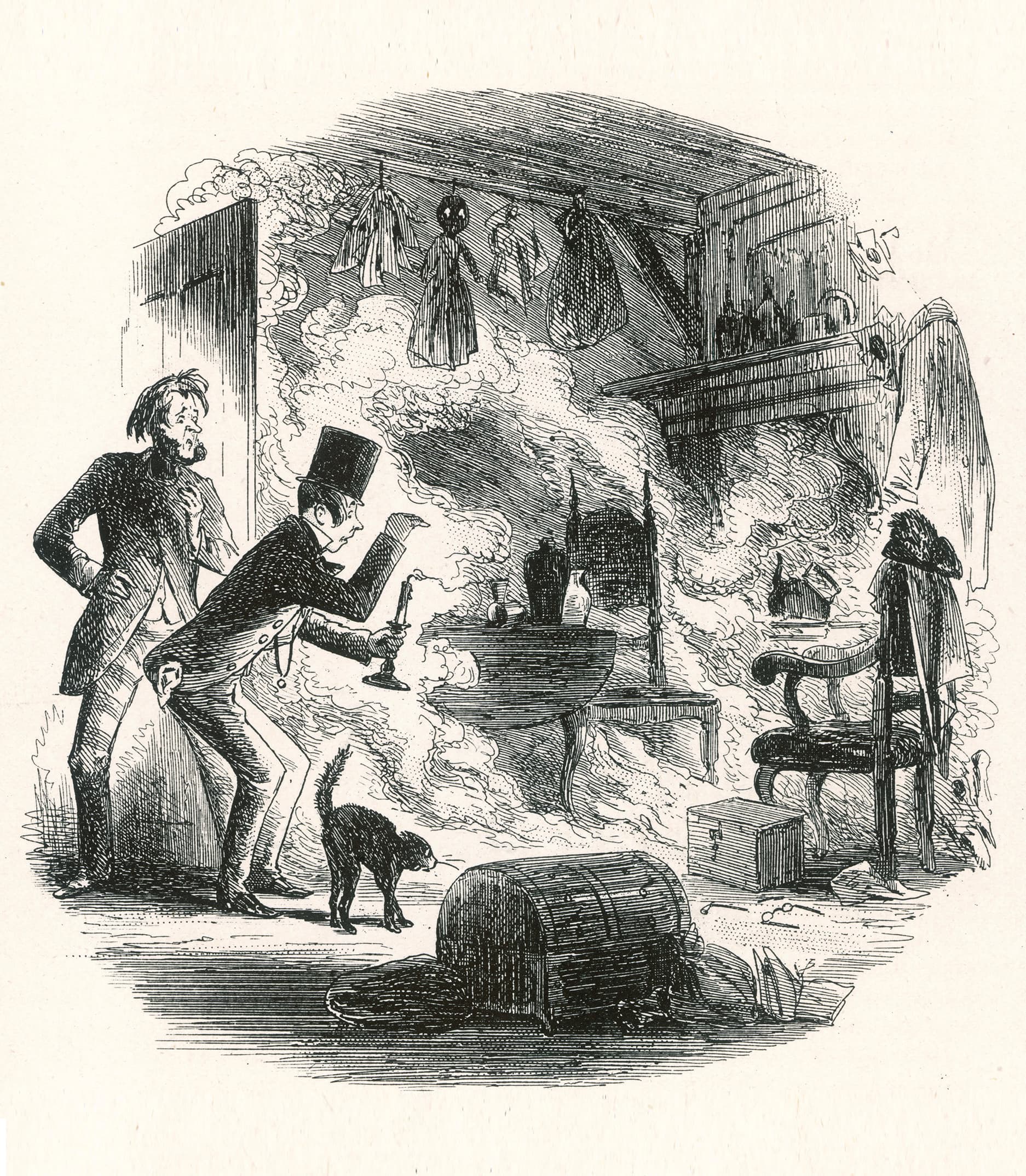 Illustration fra Charles Dickens’ roman »Bleak House«: Mr Guppy og Mr Snagsby åbner døren til Mr Krooks kælderbutik og finder til deres rædsel, at den fordrukne kludehandler er gået op i flammer. Radering af H.K. Browne, 1853.