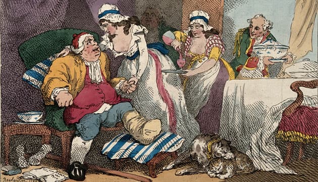 Podagra blev anset for en sygdom, der skyldtes vellevned og kun ramte de rige. Derfor var podagrapatienter taknemmelige ofre for satiretegnere. Her viser den britiske kunstner Thomas Rowlandson, hvordan den plagede patient søger trøst for sine lidelser. foto: The Wellcome Collection