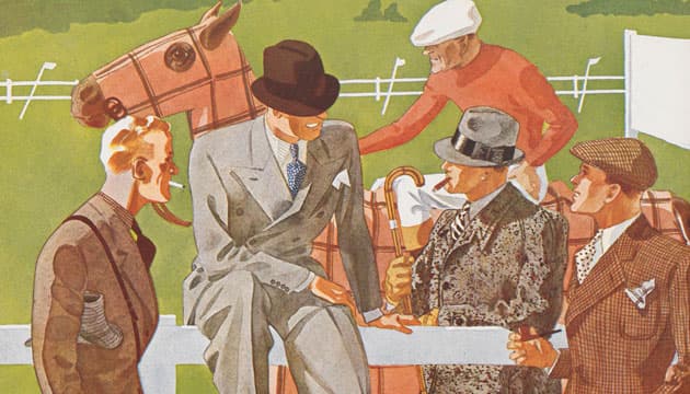 Smalhals eller ej – den unge læge og den medicinstuderende måtte være velklædt. De fire elegante herrer i Illums sommerkatalog 1935 er iført  »Tweed-Jakke og specielle Flonels-Kamgarns Benklæder til henholdsvis 65,00 og 36,50 Kr.Billede: Det kgl. Bibliotek