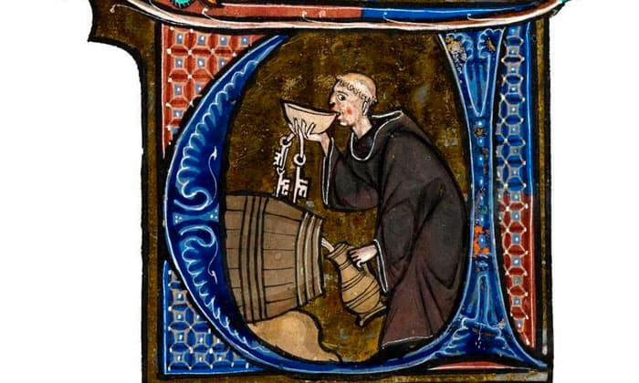 Munk med nøglen til vinkælderen. Illustration i fransk middelalder­håndskrift. Billede: Wellcome Images.