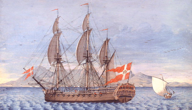 Skibsportræt af fregatten »Dronning Sophia Magdalena«. Gouache af ukendt kunstner, ca. 1760’erne. Original på M/S Museet for Søfart.