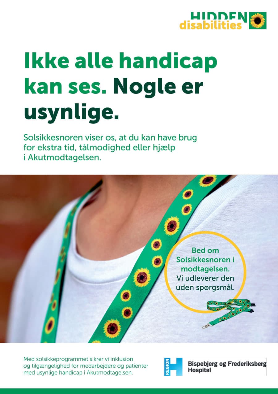 Solsikkesnoren gør usynlige handikap synlige for personalet på Akutmodtagelsen på Bispebjerg Hospital.  Posteren hænger i alle venteområder i Akutmodtagelsen. Poster: Bispebjerg Hospital