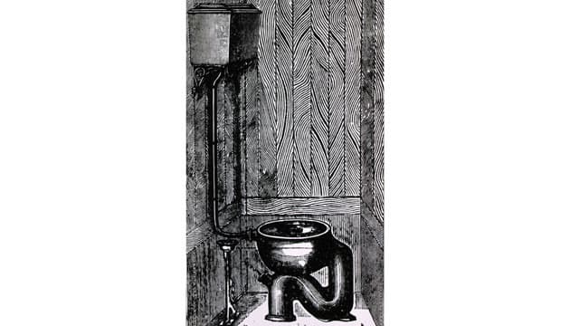 Træsnit: Toilet med højt skyl, 1884. Illustration: National Library of Medicine.