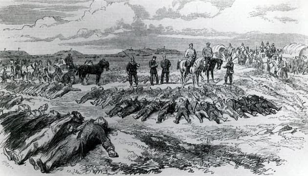 Faldne danske og prøjsiske soldater indsamles efter slaget ved Dybbøl 18. april 1864. Mange af soldaterne faldt ikke for fjendens våben, men som ofre for tyfus og andre smitsomme sygdomme. Illustration fra Illustrated London News, maj 1864. (Det Kongelige Bibliotek).