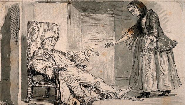 Hypokonderen Argan klager sin nød. Tegning af Lorenz Frölich fra opførelse af Molières »Den indbildt syge« i København, 1859. Wellcome Images.