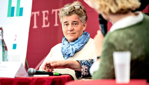 Merete Nordentoft, forperson for Dansk Psykiatrisk Selskab, havde et travlt folkemøde med mange debatter om psykiatri. Her ved debat hos Københavns Universitet. Foto: Nils Meilvang. 