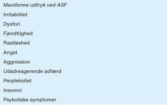 Uddrag af tabel 1. Atypiske præsentationsformer af affektive faser ved autismespektrumforstyrrelse (ASF) og komorbid bipolar affektiv sindslidelse.