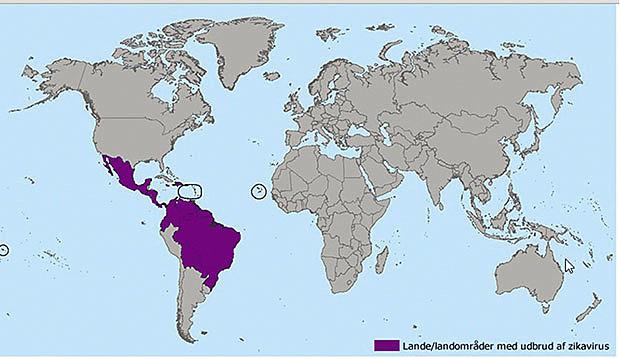 Landområder med udbrud af zikavirus. (Kilde: Statens Serum Institut, www.ssi.dk/Aktuelt/Sygdomsudbrud/zikavirus.aspx og Centers for Disease Control and Prevention, www.cdc.gov/zika/geo/index.html).