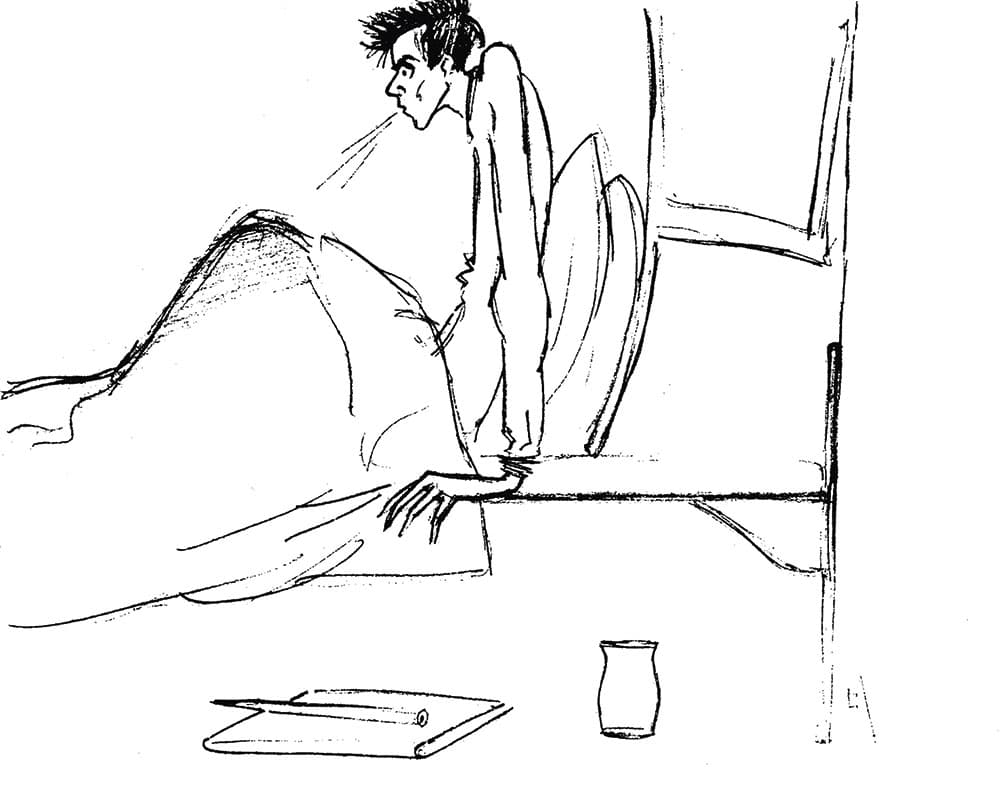 Bladtegneren Olaf Pios (1898-1919) portræt af sig selv, hostende og afmagret på Marinelazarettet, et nødhospital for søværnets influenzasyge og senere også civile patienter. Bemærk tegneredskaberne og spyttekanden under sengen. Han døde af tuberkulose og spansk syge i 1919 (Arthur Mårtenssons fotoalbum, Dansk Sygeplejehistorisk Museum).