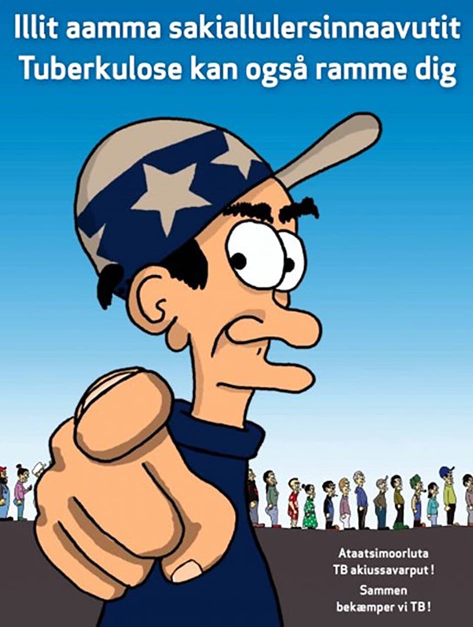 Tegning fra det Grønlandske Sundhedsvæsens kampagne mod tuberkulose fra Landslægeembedet i Grønlands hjemmeside om tuberkulose (http://nun.gl/Emner/Borgere/Tuberkulose%20i%20GL/Hvad%20er%20tuberkulose?sc_lang=da).