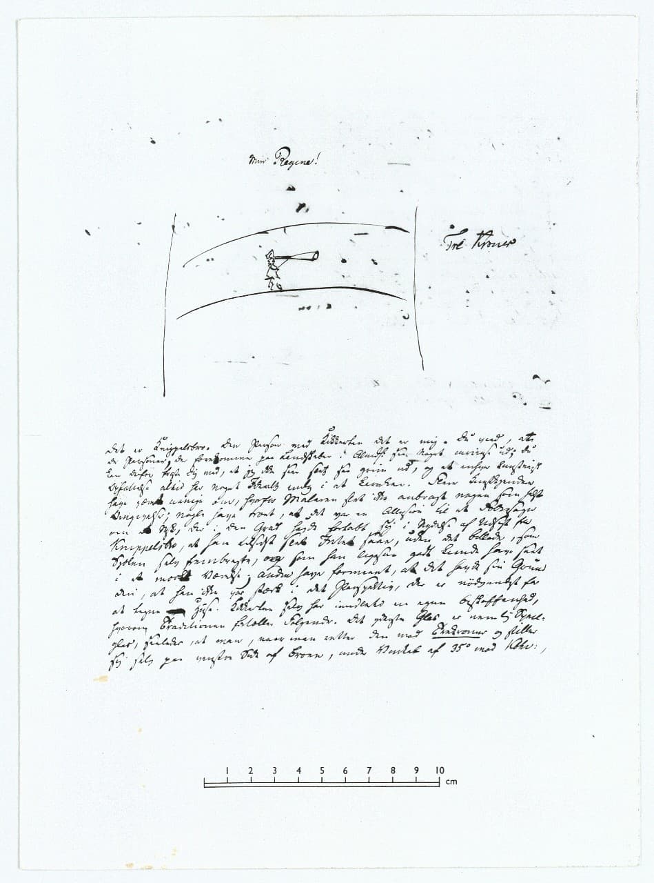 Et udateret brev fra 1840 til Søren Kierkegaards berømte forlovede, Regine Olsen (1822-1904). Tegningen afbilder, som brevteksten afslører, Kierkegaard på Knippels Bro med en kikkert for øjet (Det Kgl. Bibliotek).