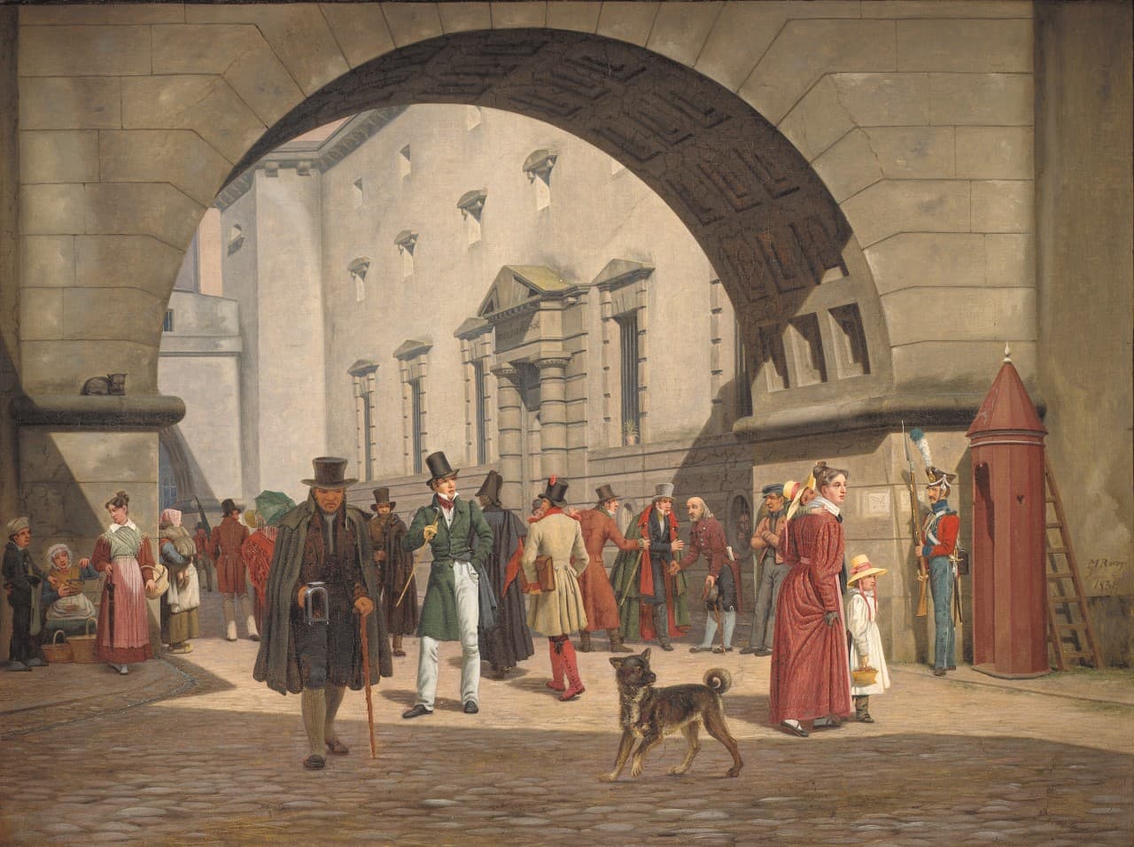 Arrestbygningen ved råd- og domhuset set med kunstneren Martinus Rørbyes (1803-1848) øjne. Kierkegaard anvendte hovedstaden og dens borgere som en betydelig inspirationskilde i sit forfatterskab. Han kaldte sin daglige spadseretur gennem byen for sit »Menneskebad«. På billedet gengives livet tæt på hans fødehus på Nytorv (Statens Museum for Kunst).