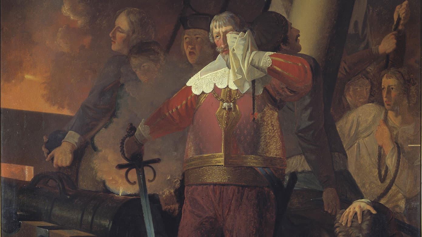 Den sårede kong Christian 4. i heltepositur på dækket af »Trefoldigheden« under slaget ved Kolberger Heide mellem Femern og Kieler-fjorden 1. juli 1644. Maleri af Wilhelm Bendz. (Kopi efter maleri af N. Abildgaard fra 1782). Foto: Statens Museum for Kunst.