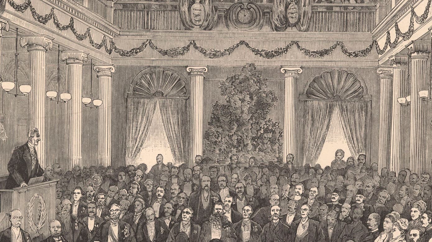 Kongressens præsident og organisator, Peter Ludvig Panum, talte ved kongressens åbning på Christiansborg. Nederst t.h. kong Christian den Niende med familie. Træsnit i Illustreret Tidende (udsnit). Foto: Det Kgl. Bibliotek.