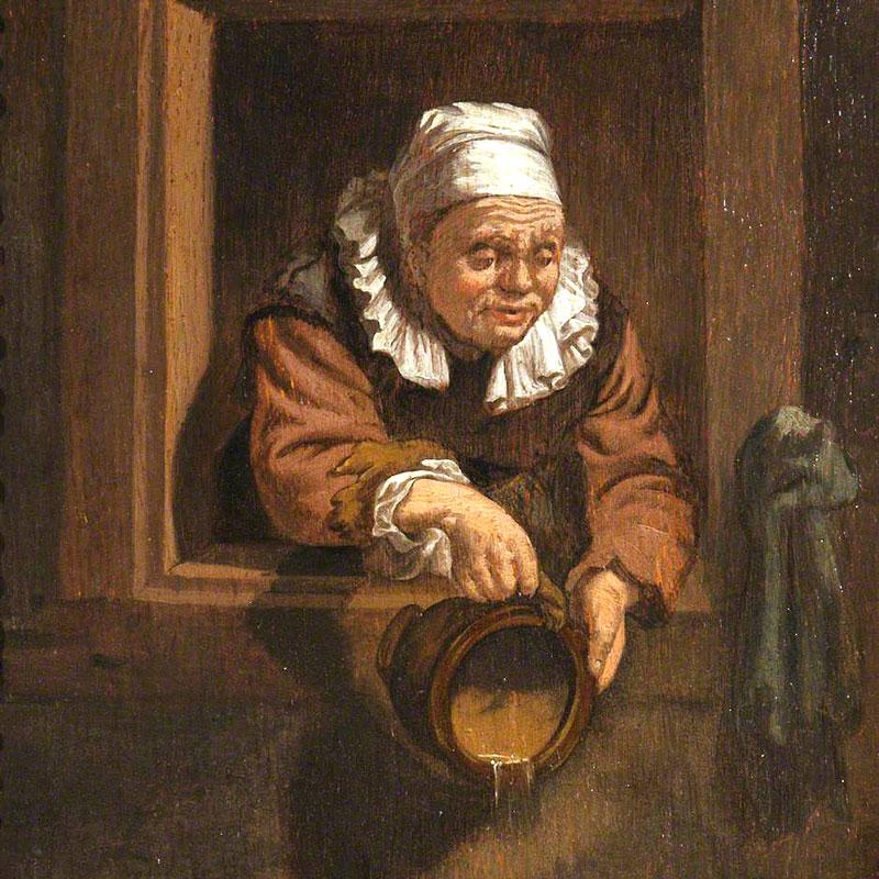 Det er svært at forestille sig de lugte, der omgav mennesker i ældre tider. I en tid uden moderne faciliteter var det ikke ualmindeligt at tømme natpotten ud ad vinduet og ned på gaden. Maleri af Frans van Mieris den Ældre, ca. 1670 (National Trust Erddig).