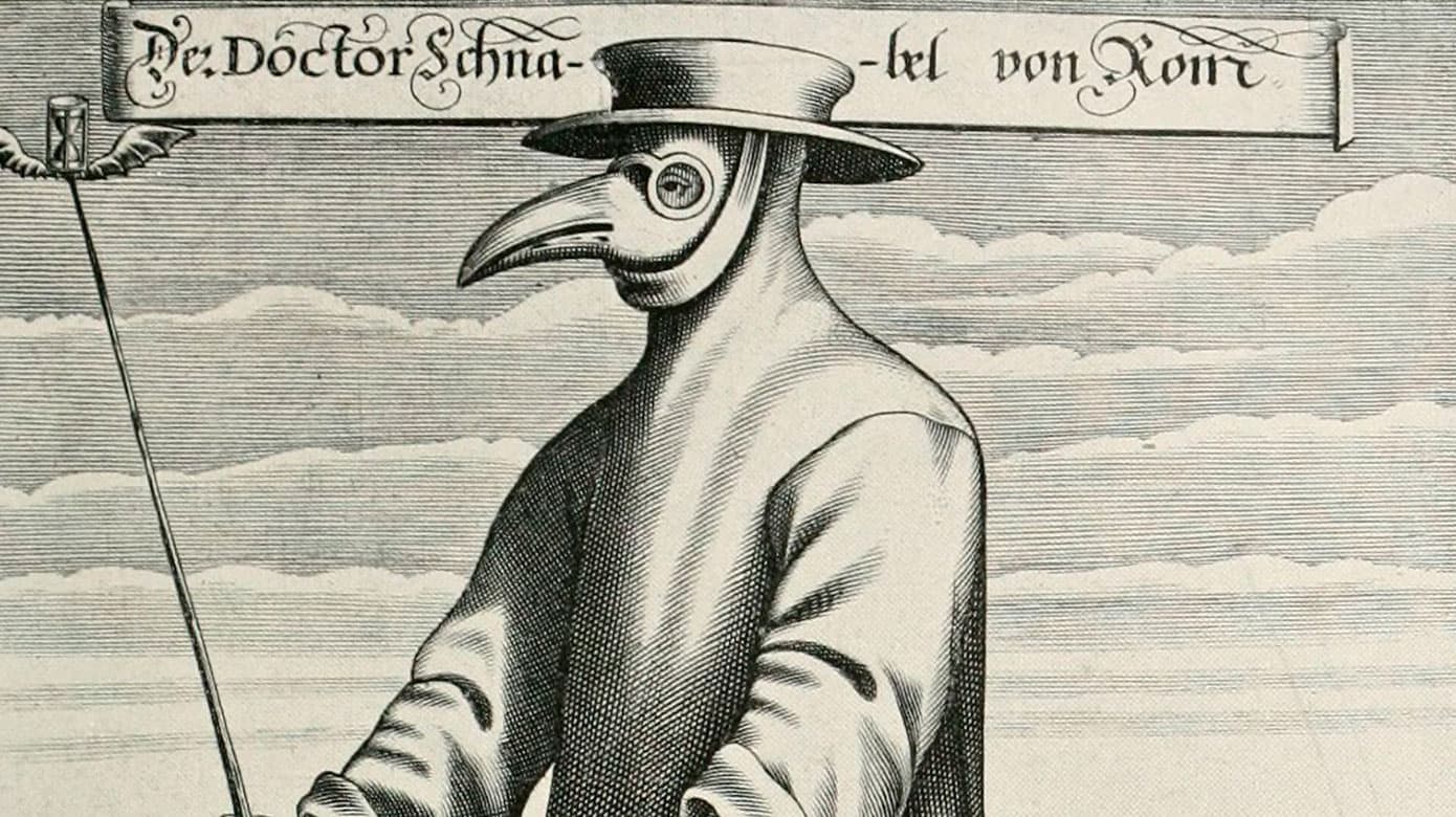 Der Doctor Schnabel von Rom. Satirisk kobberstik vendt mod de romerske pestlæger og deres særprægede dragt, der skulle beskytte mod den dødbringende pest. Digtet på latin og tysk er en bidende satire i rimende kupletter. I baggrunden ses en lignende læge og skrækslagne børn, der løber væk. Til højre en italiensk by. Kobberstik: Paul Fürst, Nürnberg, cirka 1656. (Wikimedia)
