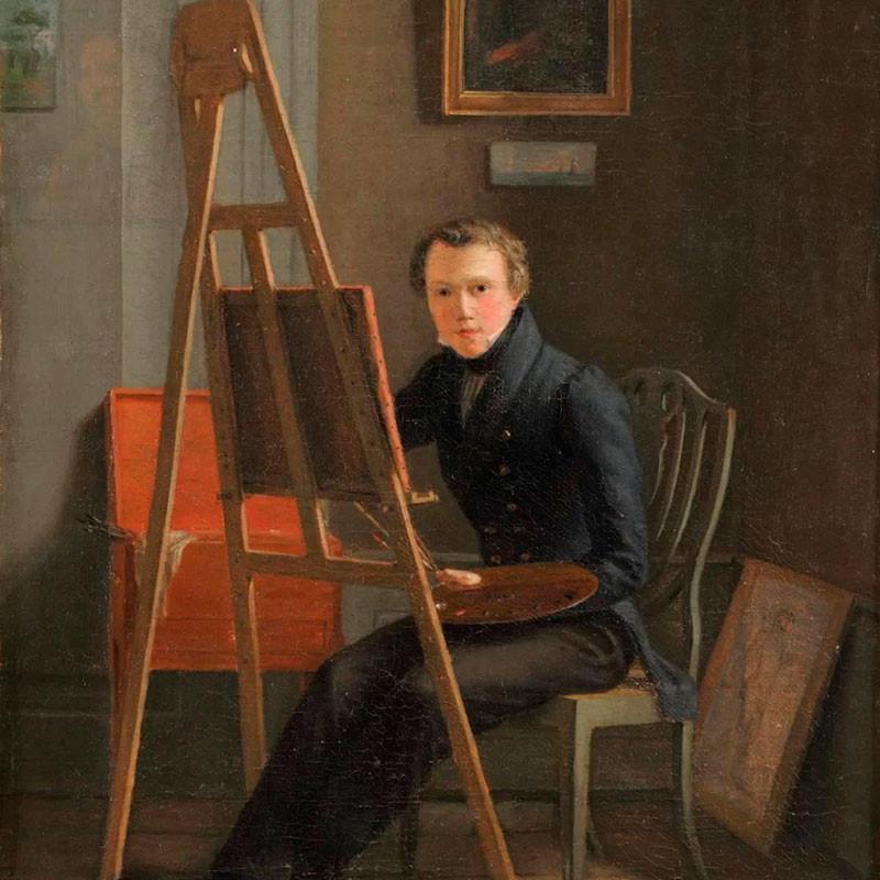 Wilh. Marstrand ved sit staffeli i Eckersbergs atelier, 1829. Maleri af Christen Købke. Foto: Det Nationalhistoriske Museum på Frederiksborg