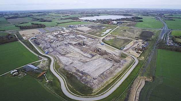 Luftfoto fra oktober 2014, der viser status på sygehusbyggeriet i Gødstrup. Foto: Region Midtjylland