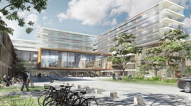 Det kommende Steno Diabetes Center Nordjylland skal placeres i tilknytning til Nyt Universitetshospital Aalborg. Illustration: Konsortium Indigo.