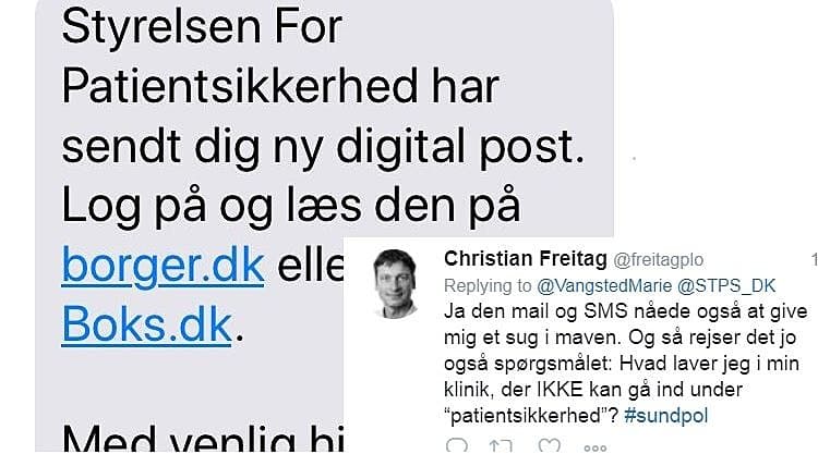 Den kontroversielle SMS fra Styrelsen for Patientsikkerhed - og en af de mange reaktioner på Twitter.