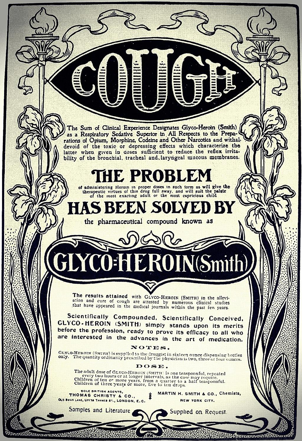 Ved hoste anbefaler heroin-annoncen fra Smith en dosis  på en teskefuld hver anden time - og det halve til børn.