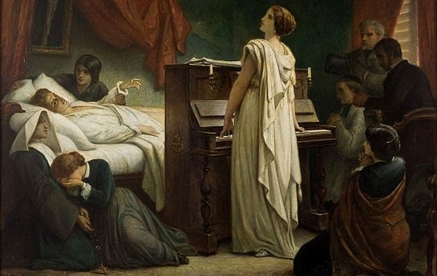 Komponisten Frederic Chopins romantiske død af tuberkulose - som kunstneren Félix-Joseph Barrias forestillede sig den. (Wikipedia)