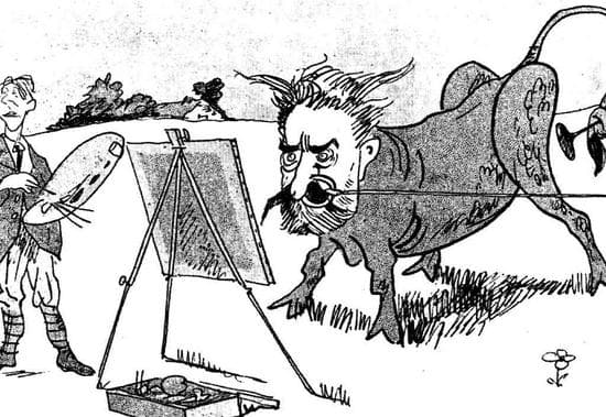 Den internationalt berømte bakteriolog C.J. Salomonsen går som en olm tyr løs på den moderne kunst. Han så den som en slags smitson sindssygdom. Samtidig karikatur.