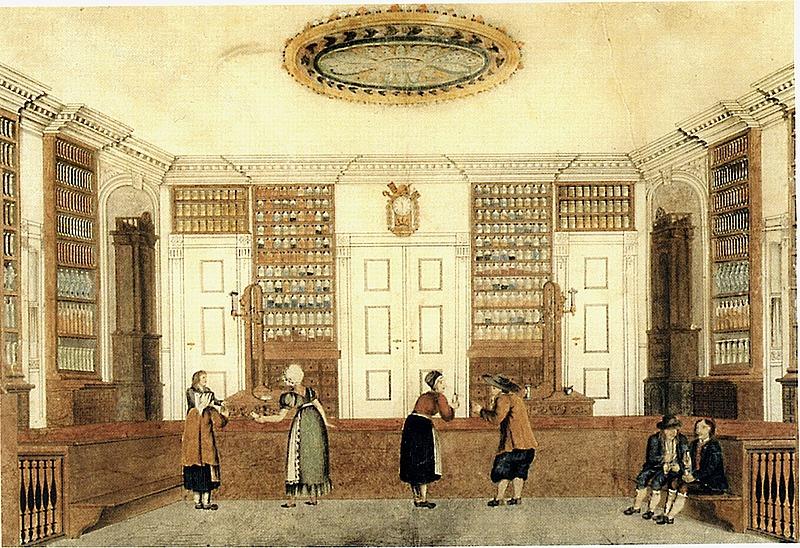 Et ældre norsk apoteksofficin fra 1700-tallet. Apoteker og læge J.C. Dircks’ apotek var noget mere beskedent. Tegning: J. F.L. Dreier. (Wikimedia)
